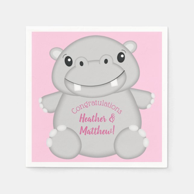 Servilleta De Papel Hippo Baby Shower Pink (Anverso)