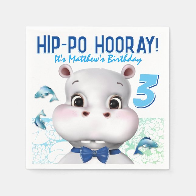 Servilleta De Papel Hippo Blue Fish Boy Birthday (Anverso)