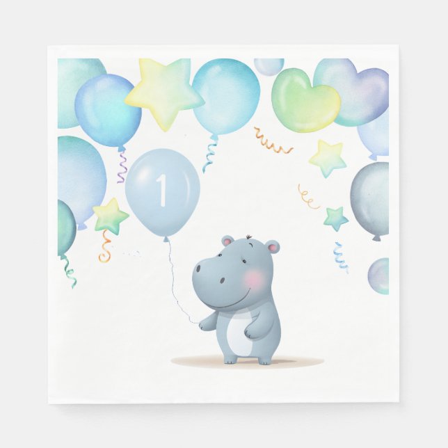 Servilleta De Papel Hippo Cumpleaños de náuseas simples y azules (Anverso)