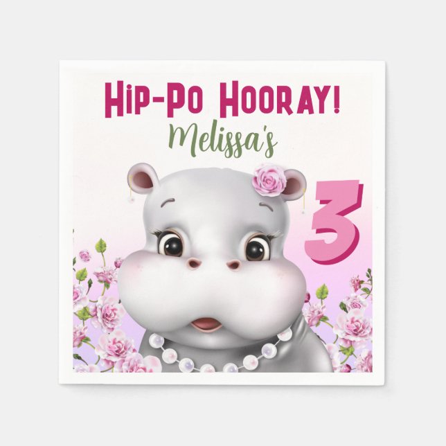 Servilleta De Papel Hippo en Pearls Chica Floral Rosa Cumpleaños (Anverso)