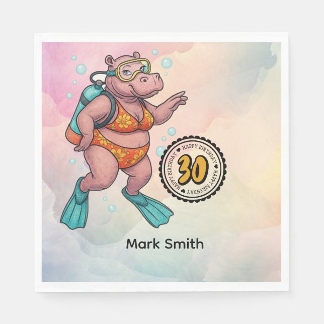 Servilleta De Papel Hippo scuba diver 30th Birthday  (Anverso)