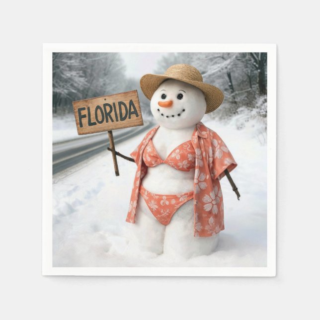 Servilleta De Papel Hitchhiking Lady Snowman With Florida Sign (Anverso)
