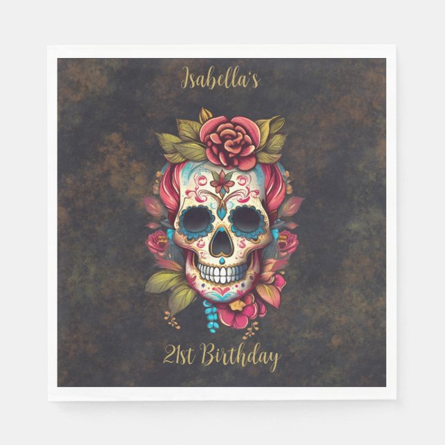 Servilleta De Papel Hito de la calavera azucarera floral Cumpleaños (Anverso)