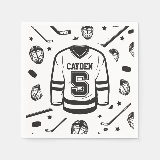 Servilleta De Papel Hockey negro y blanco 5º cumpleaños (Anverso)
