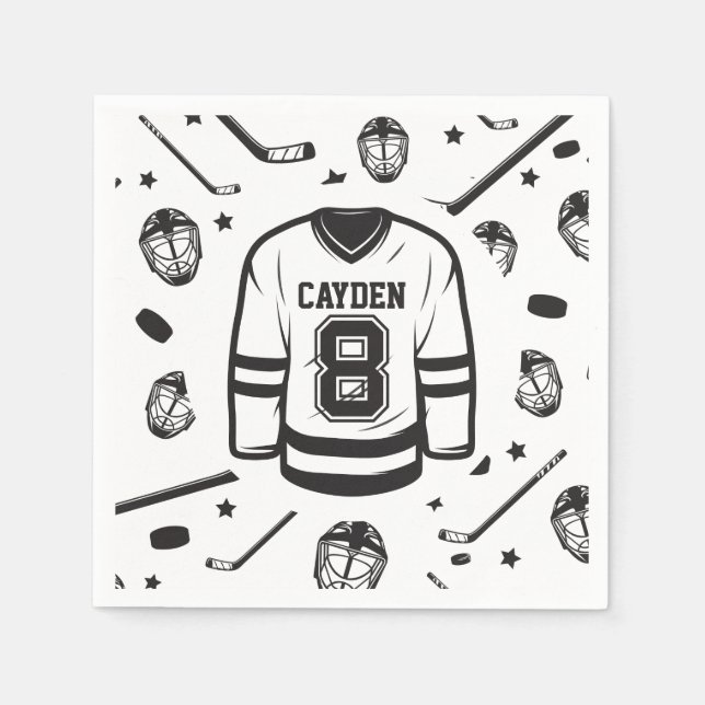 Servilleta De Papel Hockey negro y blanco 8 cumpleaños (Anverso)