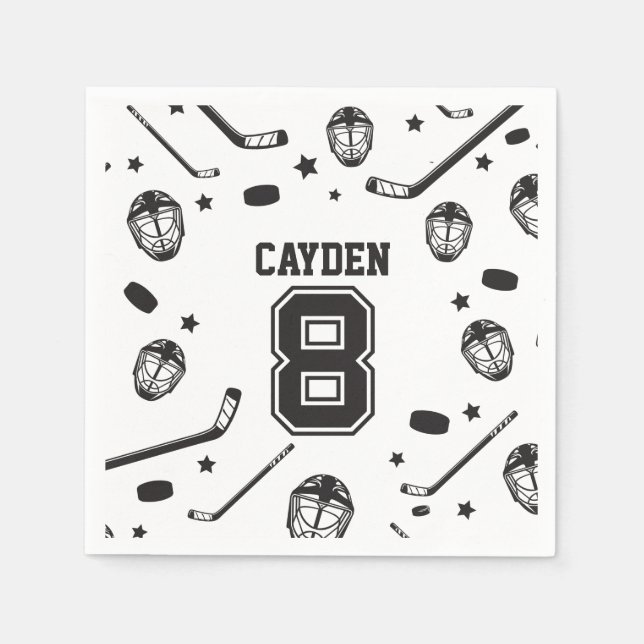 Servilleta De Papel Hockey negro y blanco 8 cumpleaños (Anverso)