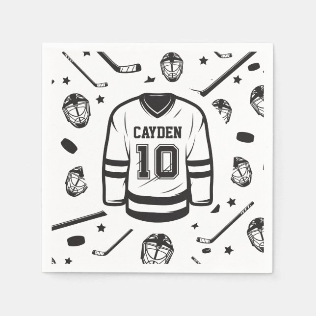 Servilleta De Papel Hockey negro y blanco cumpleaños 10 (Anverso)