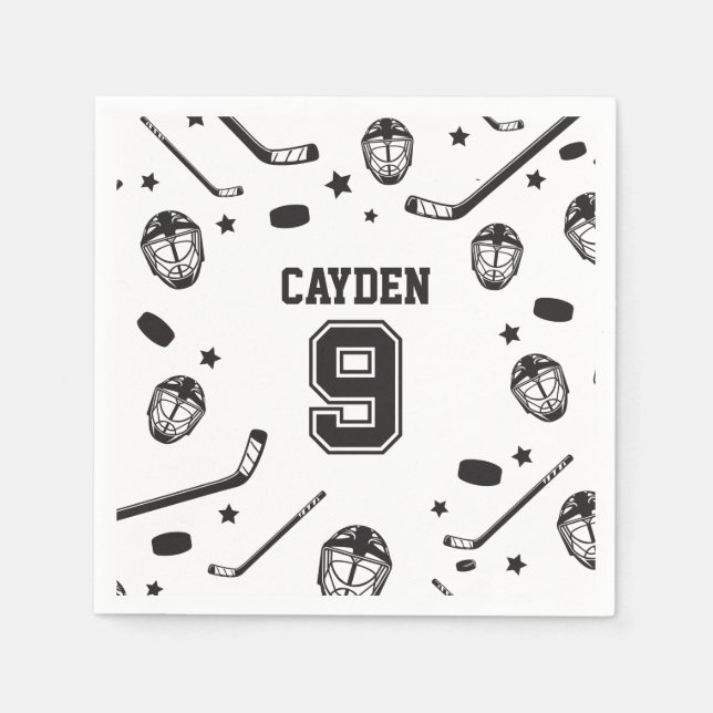 Servilleta De Papel Hockey negro y blanco cumpleaños 9 (Anverso)