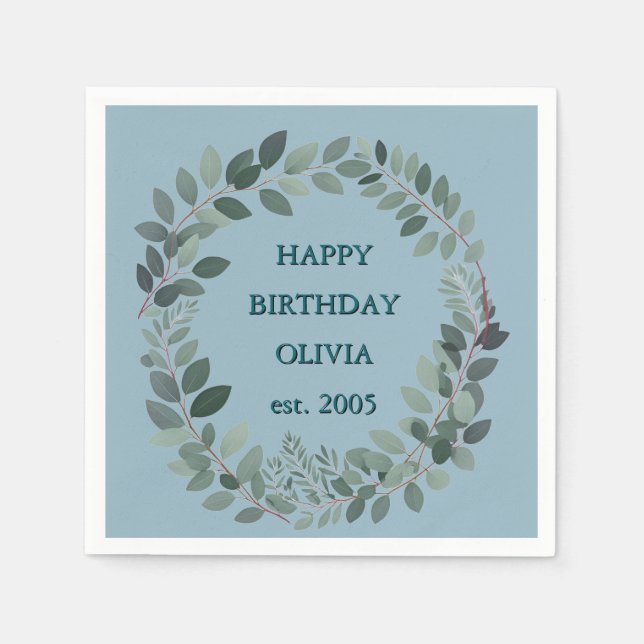 Servilleta De Papel Hoja de acuarela de eucalipto personalizada azul p (Anverso)