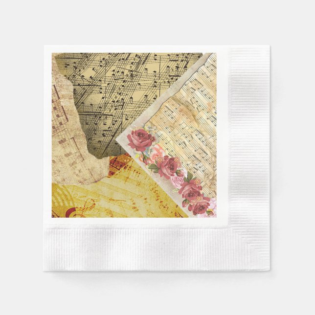 Servilleta De Papel Hoja de Vintage Música Notas Musicales Piano Rosa (Anverso)