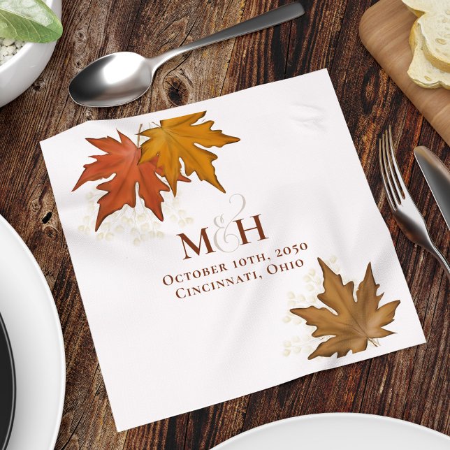 Servilleta De Papel Hojas acuáticas monograma de boda otoño (Fall Leaves watercolor monogram custom cocktail napkin,)