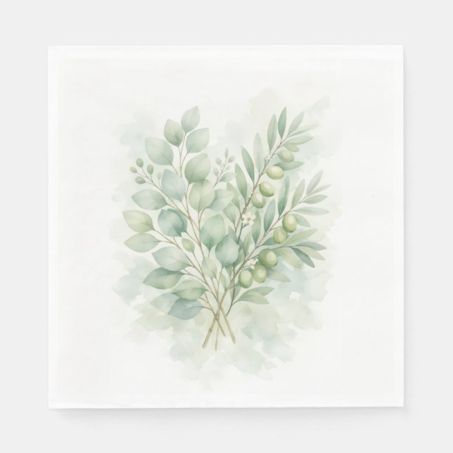 Servilleta De Papel Hojas de Acuarela Botánica Verde Pastel (Anverso)
