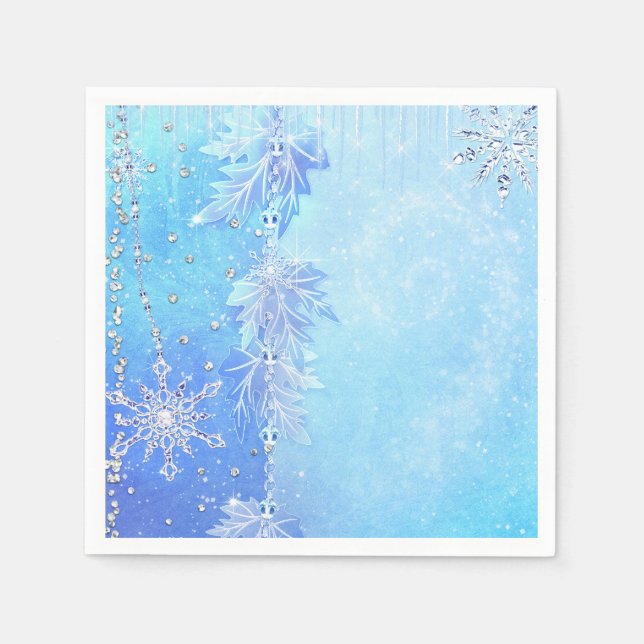 Servilleta De Papel Hojas de invierno azules y copos de nieve Fiesta e (Anverso)