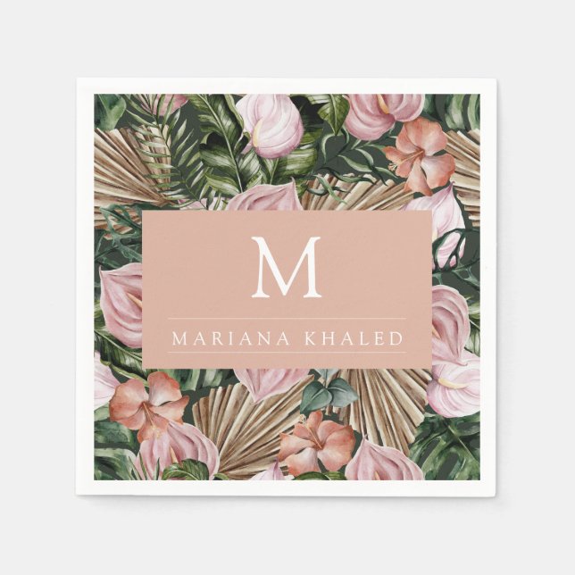 Servilleta De Papel Hojas de palma de jungla flores de la selva rosada (Anverso)