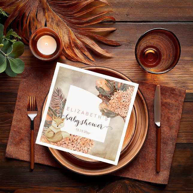 Servilleta De Papel Hojas de palma | Hydrangea Blooms Chica Baby Showe (Boho Palm Leaves and Hydrangeas Sleeping Fox Girl Baby Shower Paper Napkins)