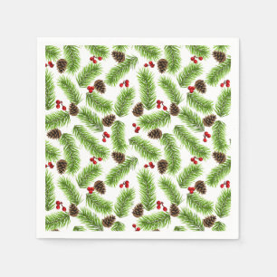 Servilleta De Papel Hojas de pino verdes de Navidad, conos y bayas roj