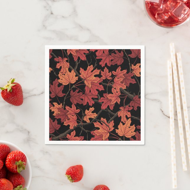 Servilleta De Papel Hojas rojas de arce de otoño sobre negro (In situ)