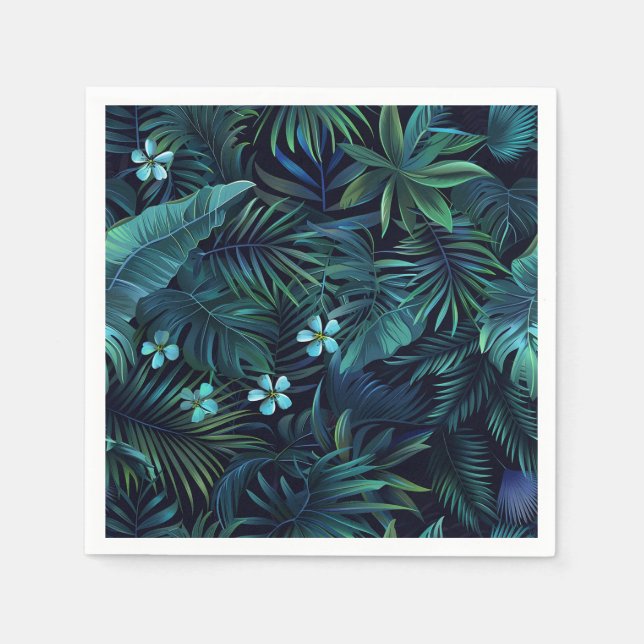 Servilleta De Papel Hojas tropicales y flores azules (Anverso)