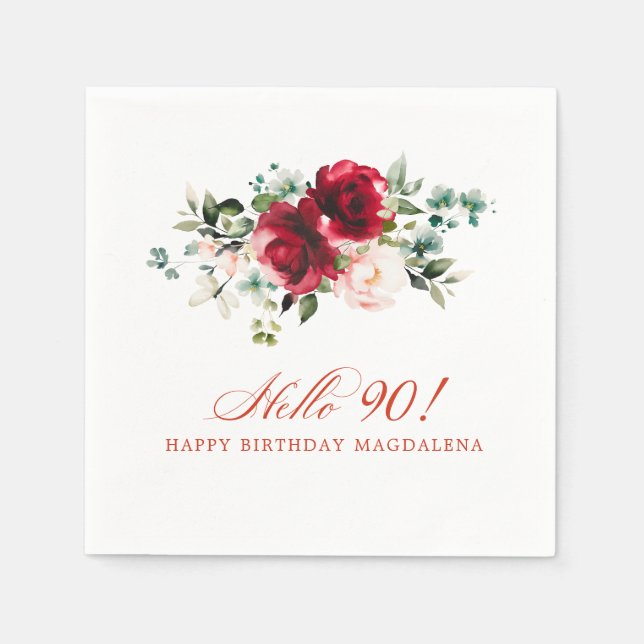 Servilleta De Papel Hola 90 Partido de Cumpleaños Floral Rosa Roja (Anverso)