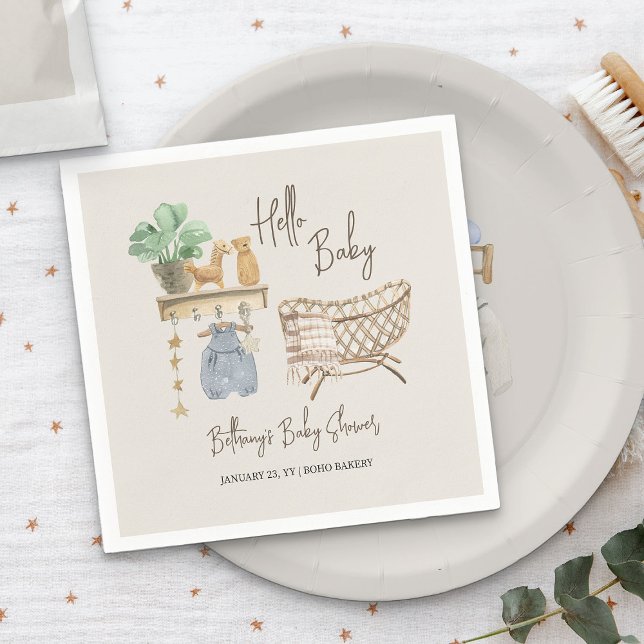 Servilleta De Papel Hola Baby Boho Nursery Neutral Baby Shower (Hello Baby napkins from my Boho Nursery baby shower Collection)