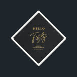 Servilleta De Papel Hola Cincuenta | Black & Gold 50th Birthday Party<br><div class="desc">Esta servilleta de papel negro y dorado añadirá un detalle elegante a su celebración de 50 años. Este diseño presenta la tipografía moderna "Hello Fifty" con texto personalizado. En mi tienda BaraBomDesign hay disponibles invitaciones y suministros para fiestas coincidentes.</div>