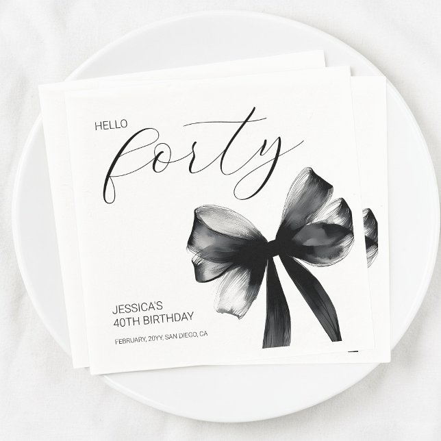 Servilleta De Papel Hola Cuarenta Cumpleaños Fiesta Arco Escritura Ele (Hello Forty Elegant Script Bow 40th Birthday Party Napkins)