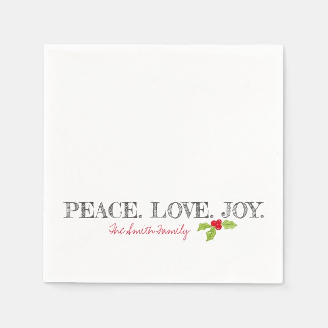 Servilleta De Papel Holiday Peace Love Joy Family Name Holly (Anverso)