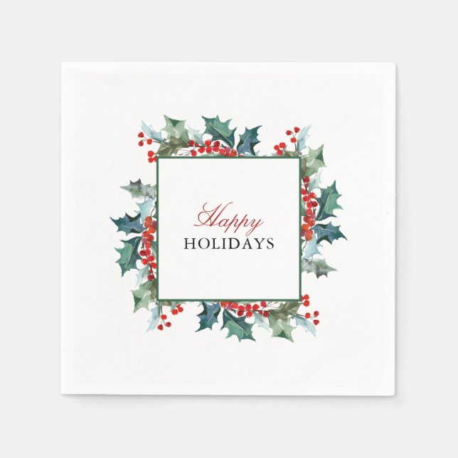 Servilleta De Papel Holly and Berries Felices Fiestas (Anverso)