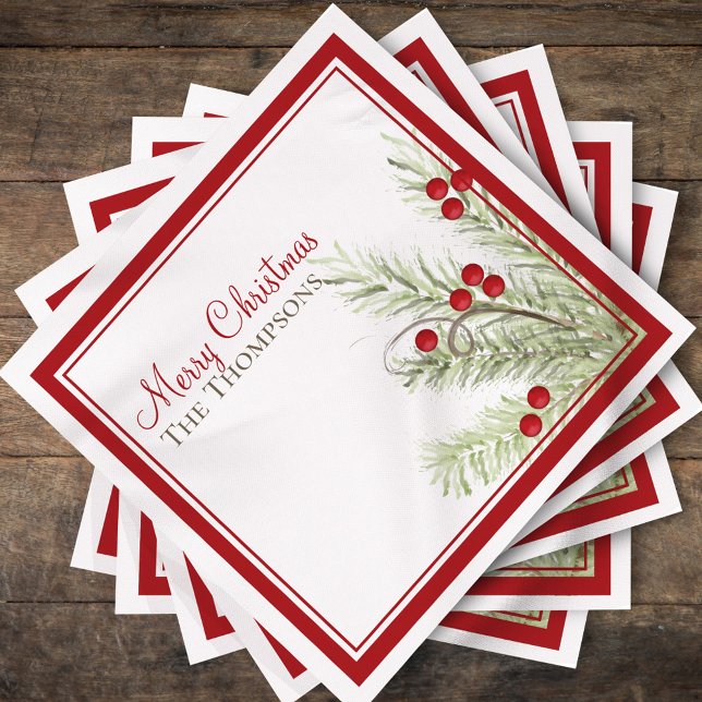 Servilleta De Papel Holly Berries Navidades de pino Personalizado de a (Personalized Merry Christmas design with watercolor holly berries.)