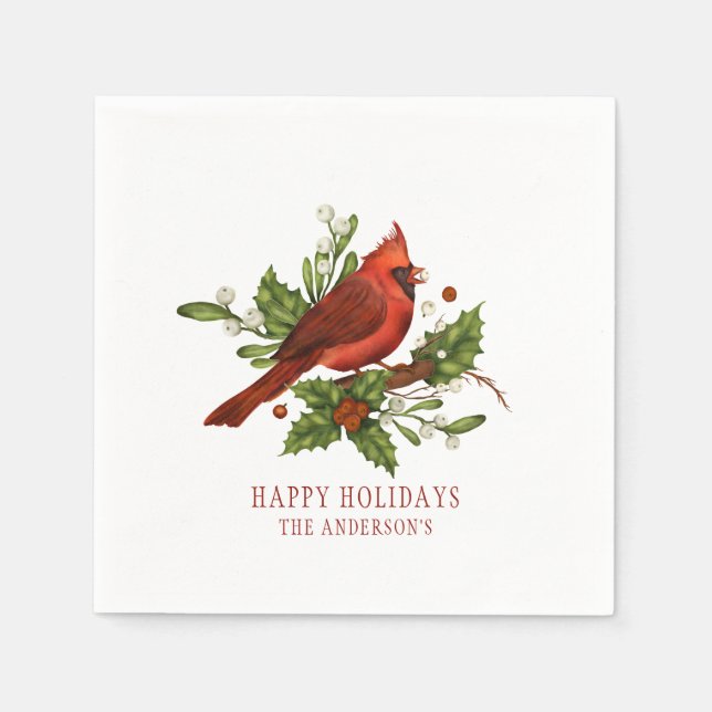 Servilleta De Papel Holly Berry Cardinal Holiday Monogram Mistletoe (Anverso)