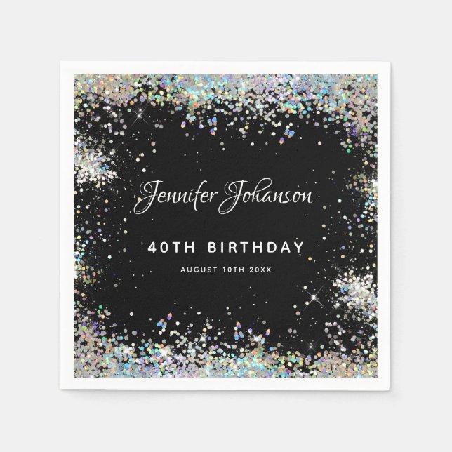 Servilleta De Papel Holographic Sparkly Purpurina 40th Birthday Black (Anverso)