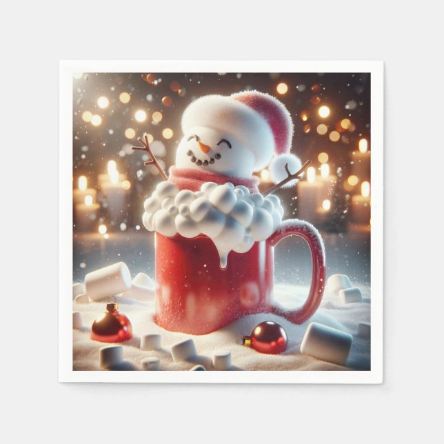 Servilleta De Papel Hombre De Nieve Marshmallow En Chocolate Caliente (Anverso)