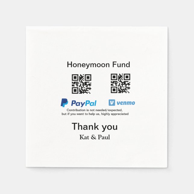 Servilleta De Papel Honeymoon Fund PayPal Venmo código QR gracias (Anverso)