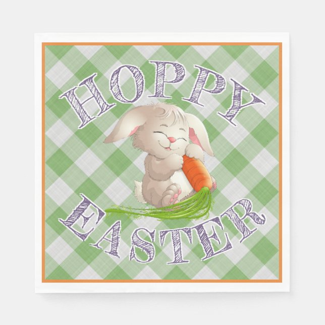 Servilleta De Papel Hoppy Happy Easter Bunny Green Gingham Pattern (Anverso)