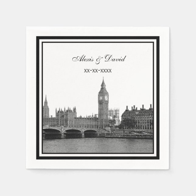 Servilleta De Papel Horizonte de Londres Grabado en Marco para Boda (Anverso)
