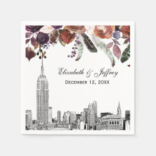 Servilleta De Papel Horizonte de NYC ESB Grabado Burdeos Floral Boda