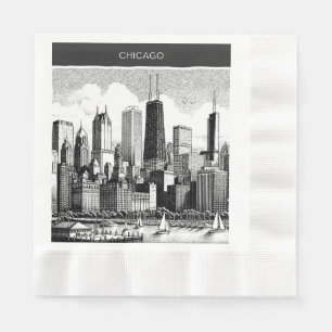 Servilleta De Papel Horizonte moderno de Chicago en blanco y negro