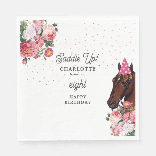 Servilleta De Papel Horse Birthday Theme Pink Floral Girl Cowgirl (Anverso)