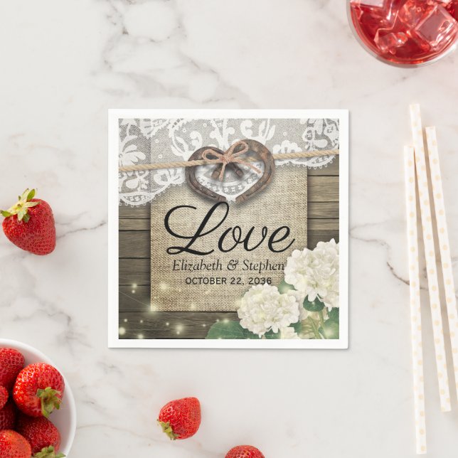 Servilleta De Papel Horseshoe Heart Lace Hydrangea Wood Wedding Shower (In situ)