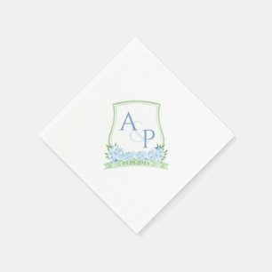 Servilleta De Papel Hortensia Azul Acuarela Monograma Verde Boda