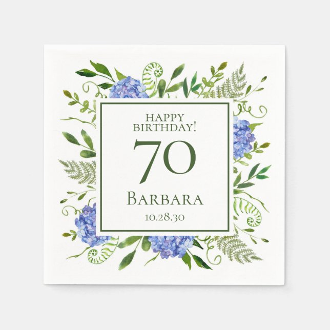 Servilleta De Papel Hortensias Azules Cumpleaños 70 (Anverso)