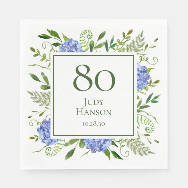 Servilleta De Papel Hortensias Azules Cumpleaños 80 (Anverso)