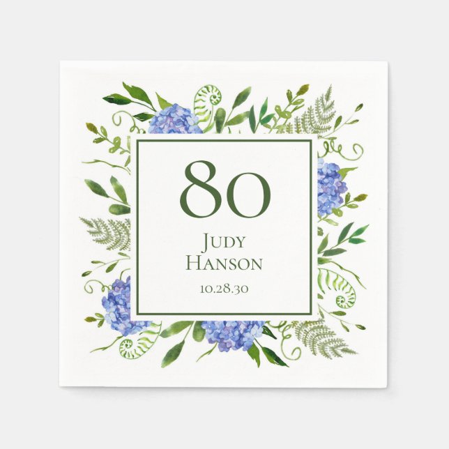 Servilleta De Papel Hortensias Azules Cumpleaños 80 (Anverso)