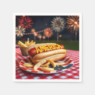 Servilleta De Papel Hot Dog With America Text and Fireworks