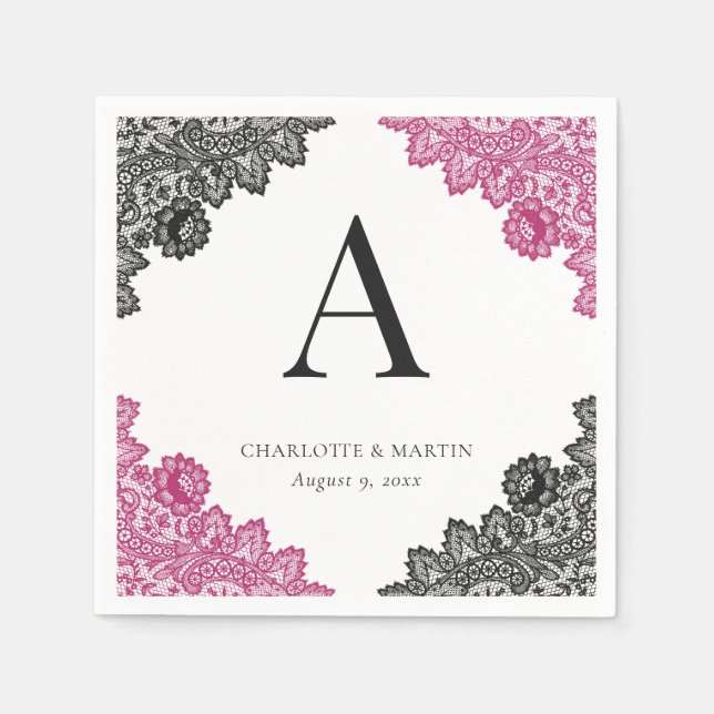 Servilleta De Papel Hot Pink and Black Floral Lace Monogram Wedding (Anverso)