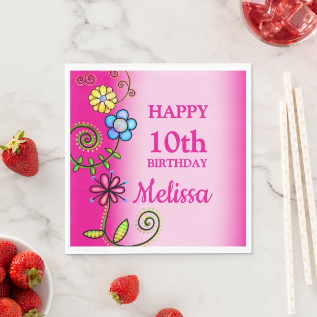 Servilleta De Papel Hot Pink Hand-drawn Wildflowers (In situ)