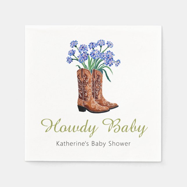 Servilleta De Papel Howdy Baby Bluebonnets Cowboy Baby Shower (Anverso)