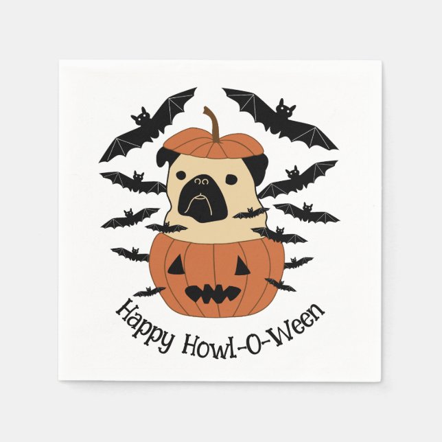 Servilleta De Papel Howl-O-Ween Pug en una linterna Jack-O con murciél (Anverso)