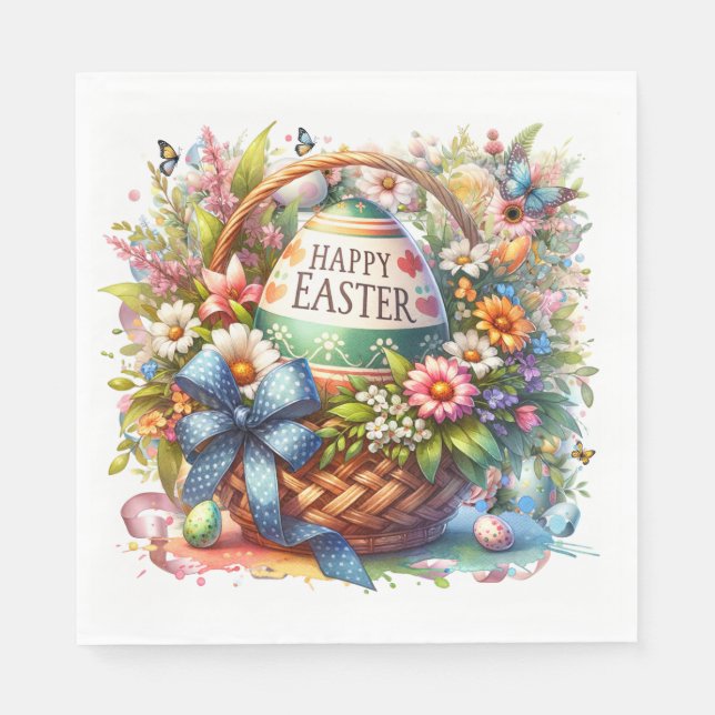 Servilleta De Papel Huevos de Canasta de Pascua y Flores de Primavera (Anverso)