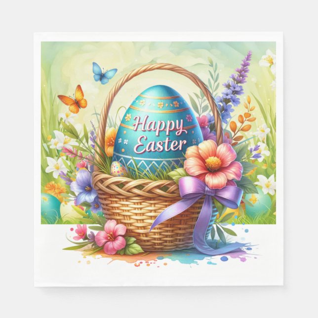 Servilleta De Papel Huevos de Canasta de Pascua y Flores de Primavera (Anverso)